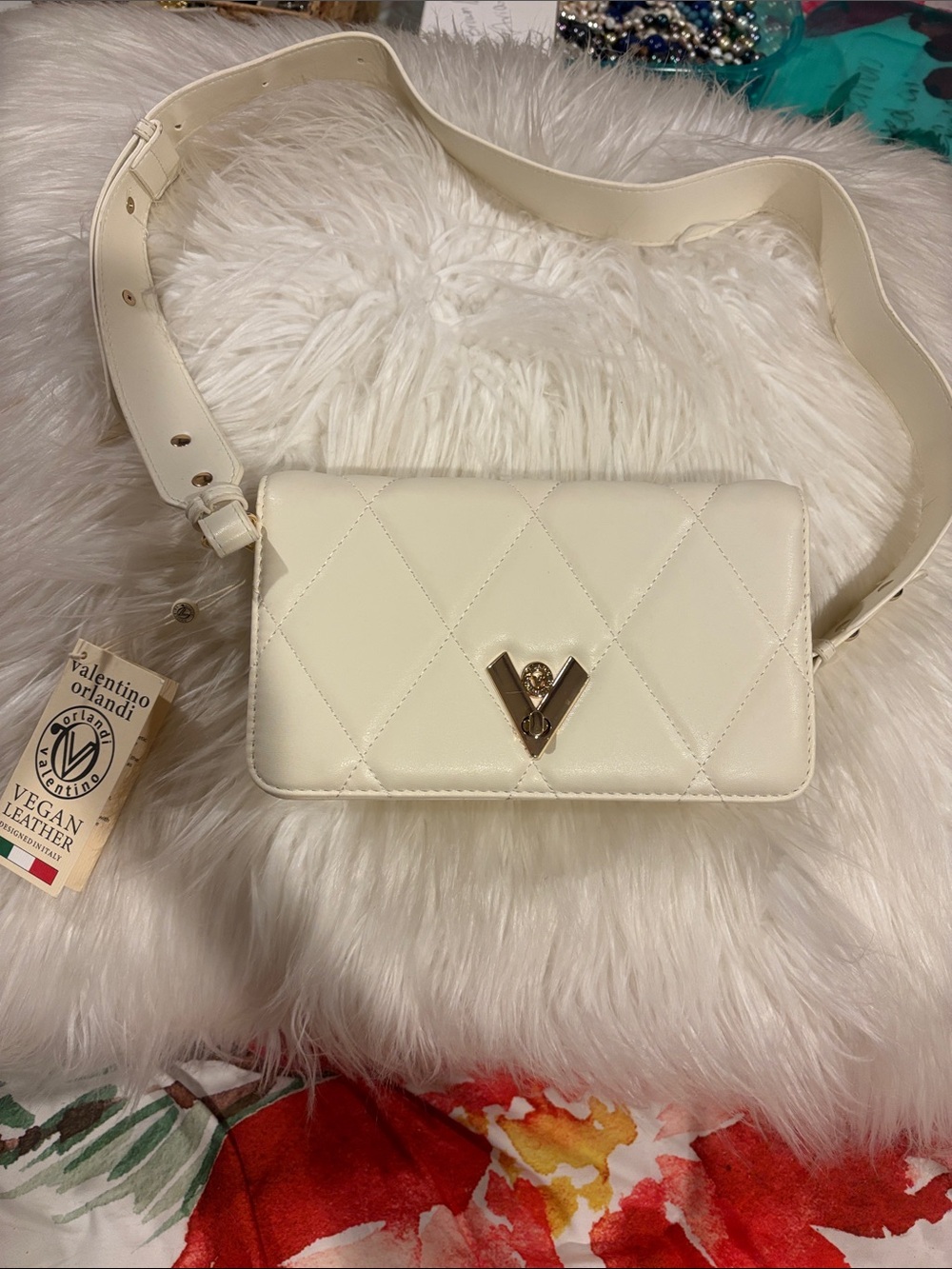Valentino Orlandi Cream Quilted Crossbody Belt Bag with Gold Hardware